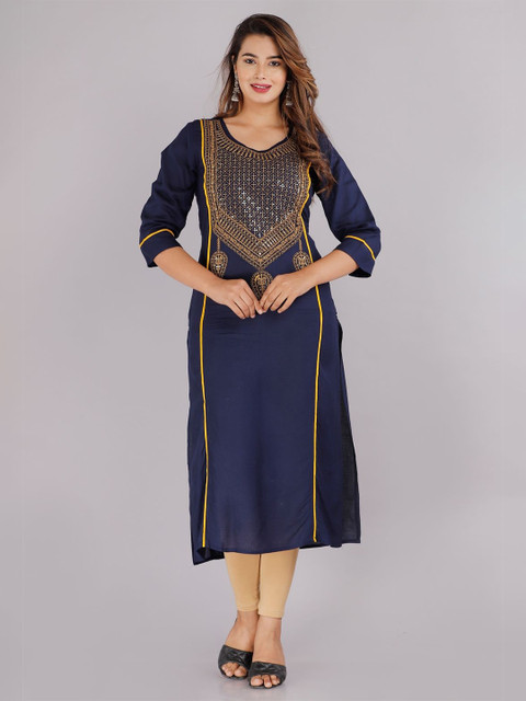 Mehsoos Ethnic Motifs Yoke Design Round Neck Pure Cotton Sequinned Panelled Straight Kurta
