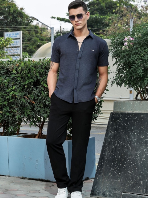 Parcel Yard Textured Cutaway Collar Classic Cotton Opaque Shirt - Image 6