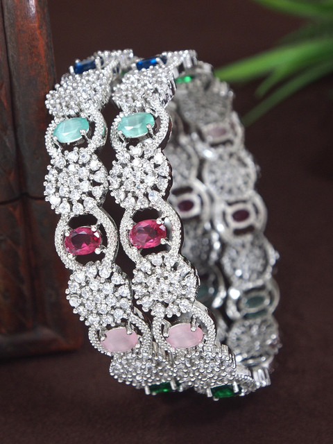 SGA FASHION Set Of 2 Silver-Plated American Diamond Studded Bangles