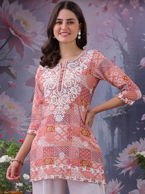 Vama Heritage Floral Printed Notch Neck Chikankari Pure Cotton Straight Kurti