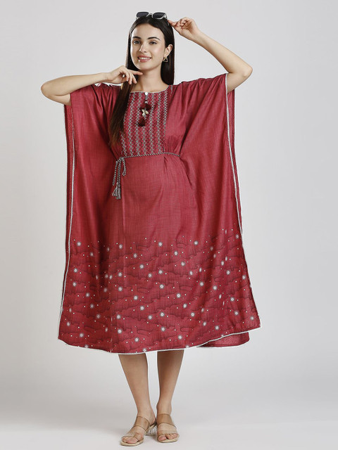 MORDEN MUSE Women Embroidered Thread Work Belted Detail Maternity Kaftan Kurta