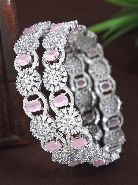 SGA FASHION Set Of 2 Silver-Plated American Diamond Studded Bangles