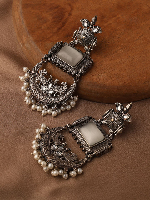 VENI 92.5 Silver Plated Oxidised Artificial Stones & Beads Geometric Chandbalis Earrings