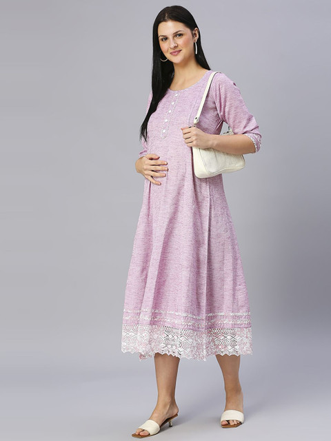 MORDEN MUSE Women Paisley Embellished Kantha Work Lace Frills Bows and Ruffles Maternity Anarkali Kurta