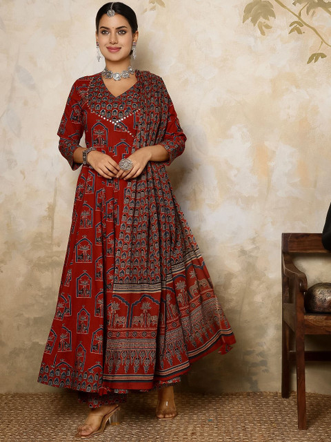 Sangria Printed Pure Cotton Flared V-Neck Anarkali Kurta & Palazzo With Dupatta