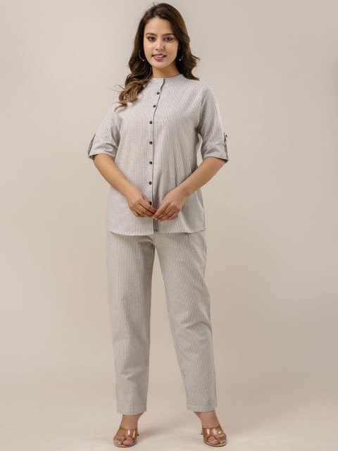 CORDSET Striped Mandarin Collar Pure Cotton Tunic With Trouser