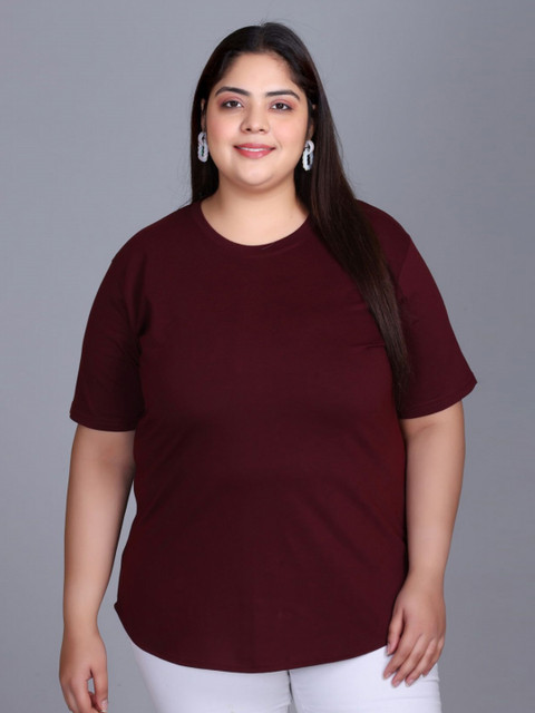 IN Love Women Plus Size Solid Round Neck Cotton T-shirt