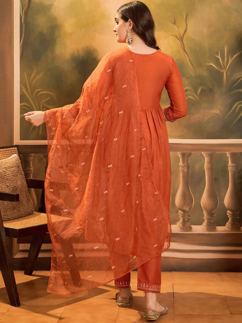 Sangria Floral Yoke Design V-Neck Sequinned Chinon A-Line Kurta With Trousers & Dupatta - Image 6