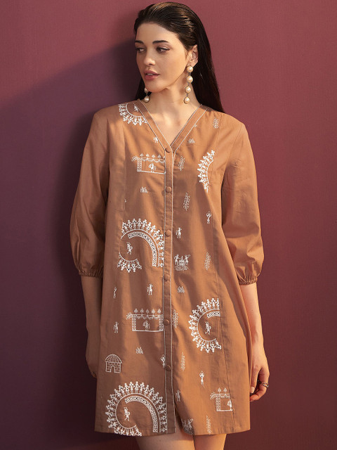 Anouk Women Embroidered V-Neck A-Line Dress