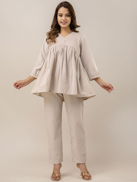 CORDSET Striped V-Neck Pure Cotton Top & Trouser