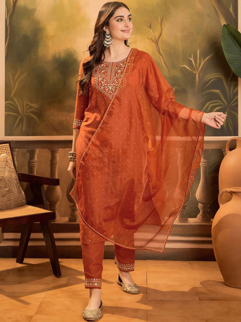 Sangria Polka Dots Printed V-Neck Thread Work Chinon Kurta With Trousers & Dupatta