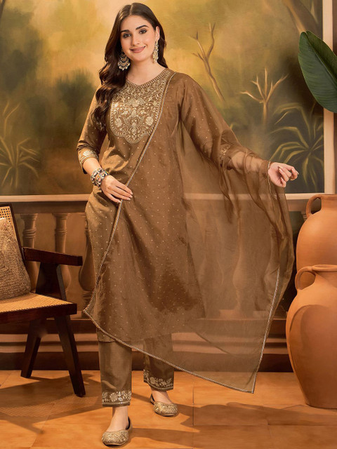 Sangria Thread Zari Sequence Embroidered With Foil Printed Kurta With Trousers & Dupatta
