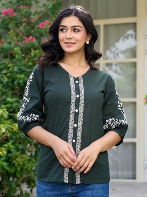 GHUMMAN SONAKSHI Women Floral Embroidered Puff Sleeve Cotton Top