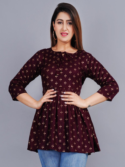 NUPITAL Women Wine Color Round Neck Three-Quarter Sleeves Block Print Casual Top