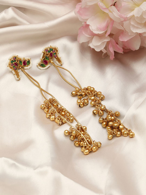 VIVAZS Rose Gold-Plated Kundan Studded & Ghungroo Beaded Tasselled Peacock Drop Earrings