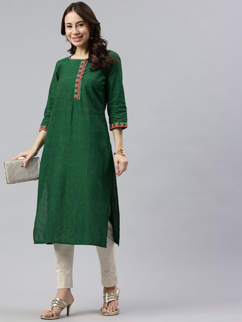 Anouk Women Geometric Embroidered Daily Cotton Straight Kurta