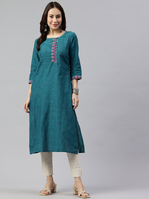 Anouk Geometric Yoke Design Boat Neck Pure Cotton Straight Kurta