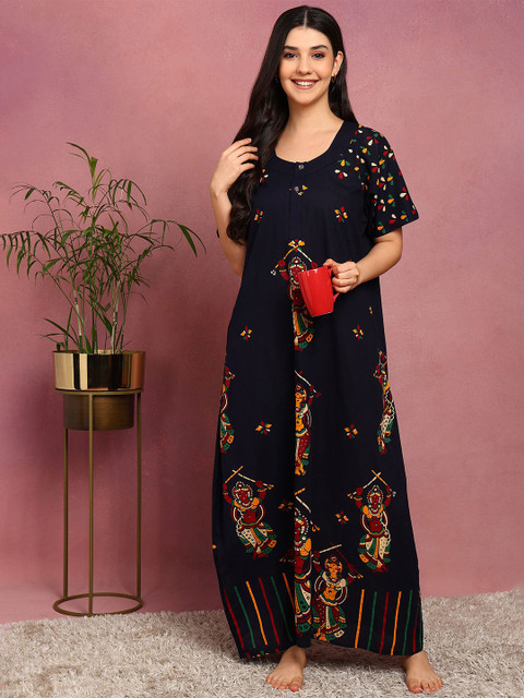 Moda Rapido Women Graphic Printed Round Neck Pure Cotton Maxi Nightdress