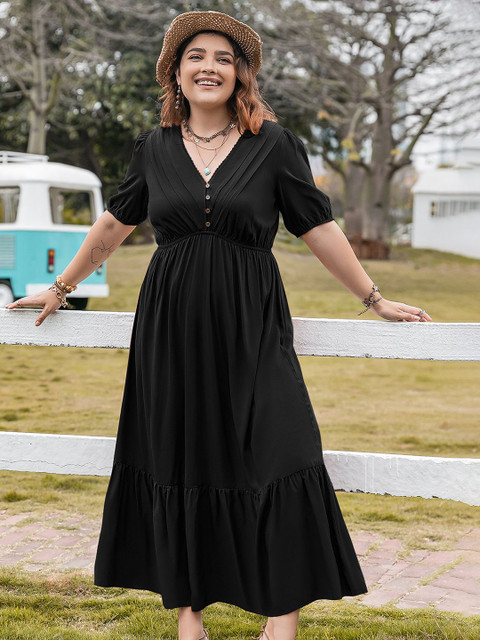 JC Mode Women Plus Size Solid V Neck Fit & Flare Maxi Dress