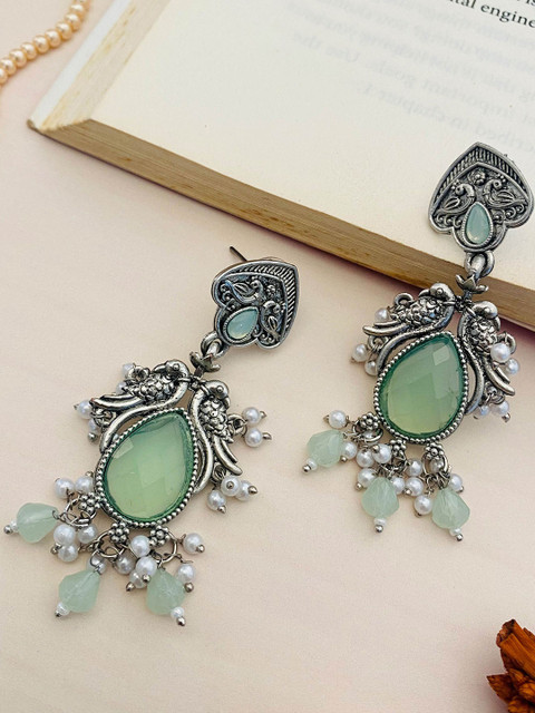 Anouk German Silver-Plated Stones Studded & Beaded Teardrop Shaped Oxidised Drop Earrings