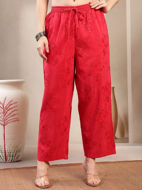 Sangria Women Floral Embroidered Cotton Palazzos