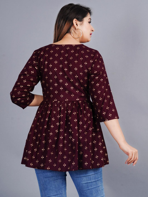 NUPITAL Women Wine Color Round Neck Three-Quarter Sleeves Block Print Casual Top - Image 6