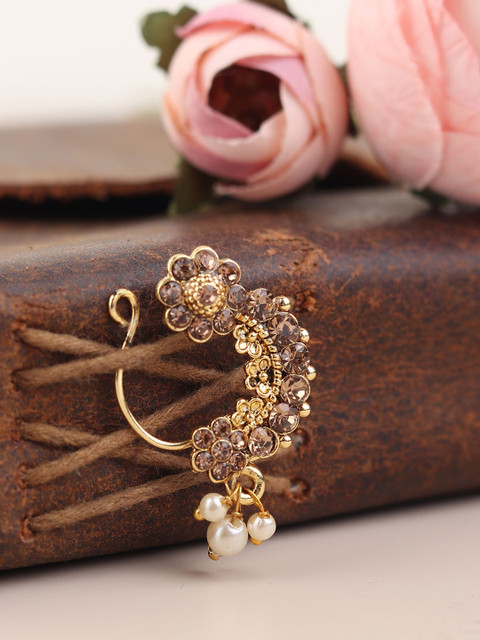 TOFFIEE 925 Sterling Silver Stone-Studded & Beaded Maharashtrian Septum Nosepin