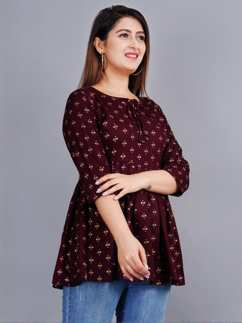 NUPITAL Women Wine Color Round Neck Three-Quarter Sleeves Block Print Casual Top - Image 3