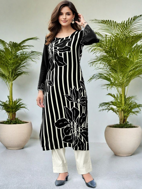 SZN Women Floral Striped Daily Straight Kurta