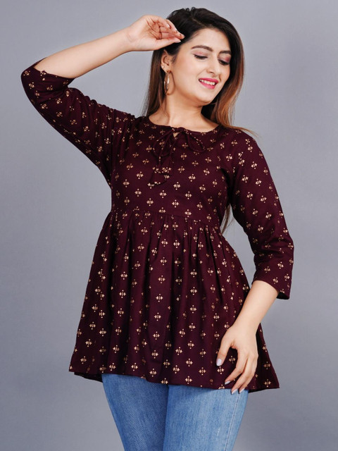 NUPITAL Women Wine Color Round Neck Three-Quarter Sleeves Block Print Casual Top - Image 4