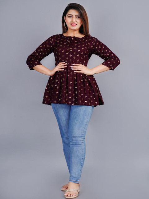 NUPITAL Women Wine Color Round Neck Three-Quarter Sleeves Block Print Casual Top - Image 7