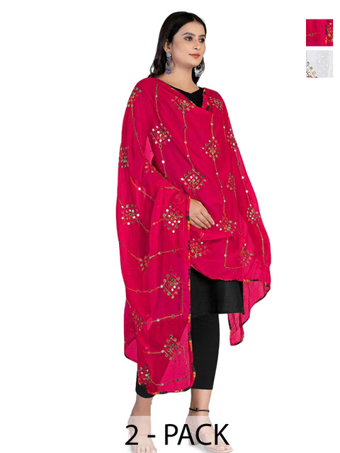 Kemza Selection Of 2 Embroidered Mirror Work Chiffon Dupattas