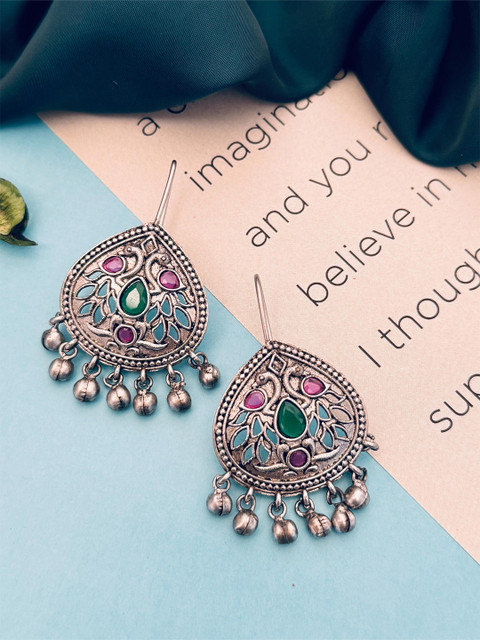 Anouk Silver Plated Stones Studded And Ghungroo Beaded Teardrop Shaped Drop Earrings