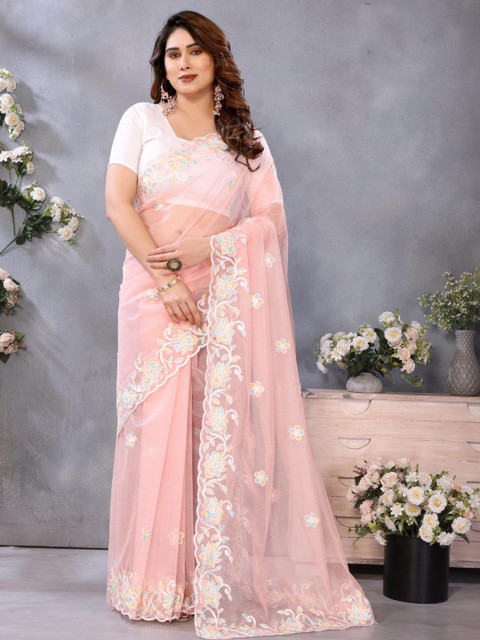 Moda Rapido Peach Embroidered Net Maheshwari Sarees