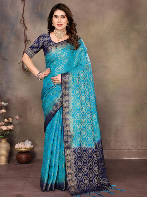 Moda Rapido Turquoise Blue Embellished Silk Blend Banarasi Sarees