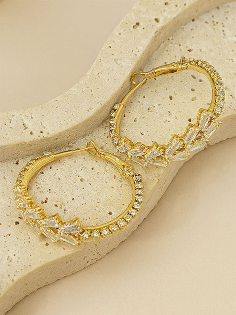Bohey by KARATCART Gold-Plated American Diamond Studded Circular Shaped Hoop Earrings