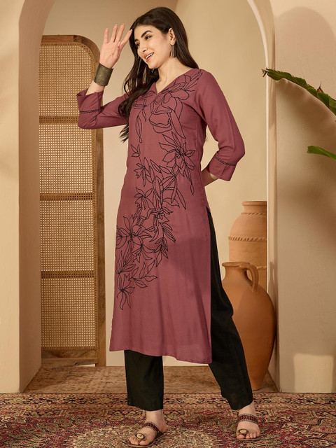 Sangria Women Maroon Floral Embroidered Thread Work Floral Kurta