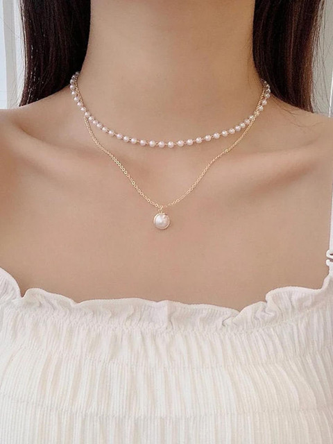 Vembley Gold Plated Pearl Double Layered Necklace