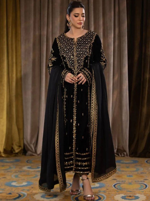 WAZIX Clothing Ethnic Motifs Embroidered Velvet Kurta With Trousers & Dupatta