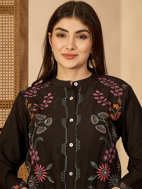 Sangria Black Embroidered Shirt Style Top with Straight Fit Trouser - Image 2