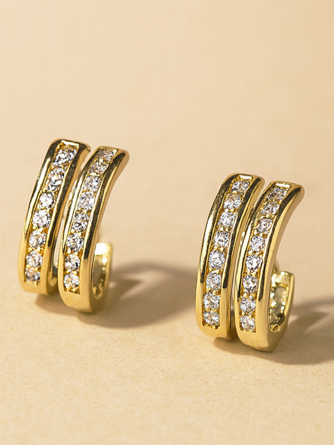Bohey by KARATCART Gold-Plated American Diamond Studded Semi-Circular Half Hoop Earrings