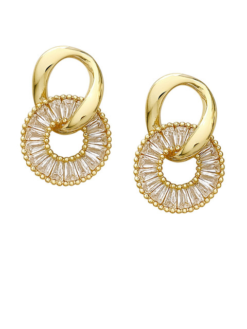Bohey by KARATCART Gold-Plated American Diamond Studded Circular Shaped Drop Earrings - Image 2
