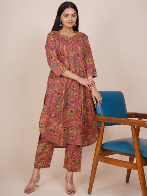 EKISHA Floral Printed Pleated Pure Cotton A-Line Co-Ords