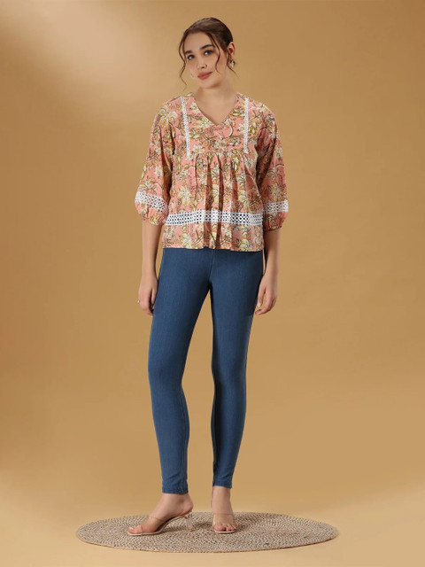 COTTON CULTURE Women Floral Printed V-Neck Cotton Empire Top