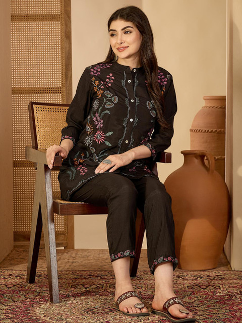 Sangria Black Embroidered Shirt Style Top with Straight Fit Trouser