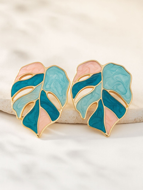 Bohey by KARATCART Gold-Plated Enamelled Leaf Shaped Studs