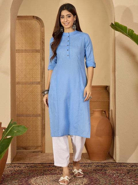 Sangria Women Solid Blue Thread Work Floral Kurta