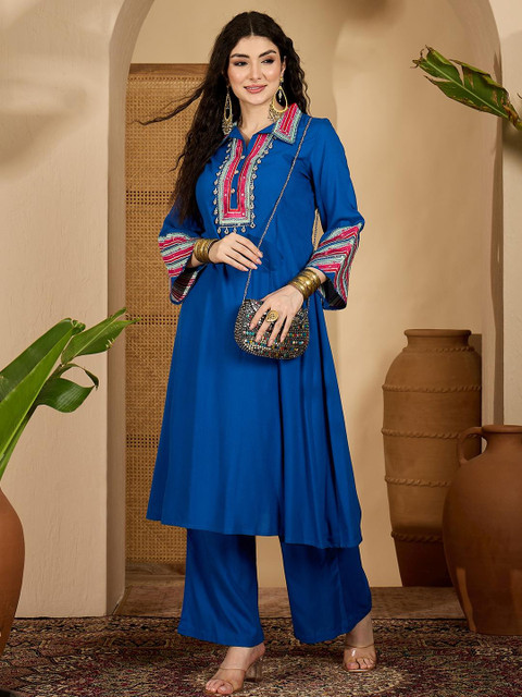 Sangria Women Solid & Embroidered Rayon A-Line Kurta Pant Set