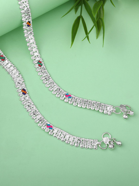 Estele Rhodium-Plated Crystals Studded And Ghungroo Beaded Anklets