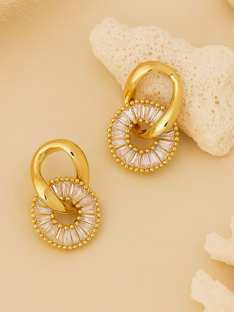Bohey by KARATCART Gold-Plated American Diamond Studded Circular Shaped Drop Earrings